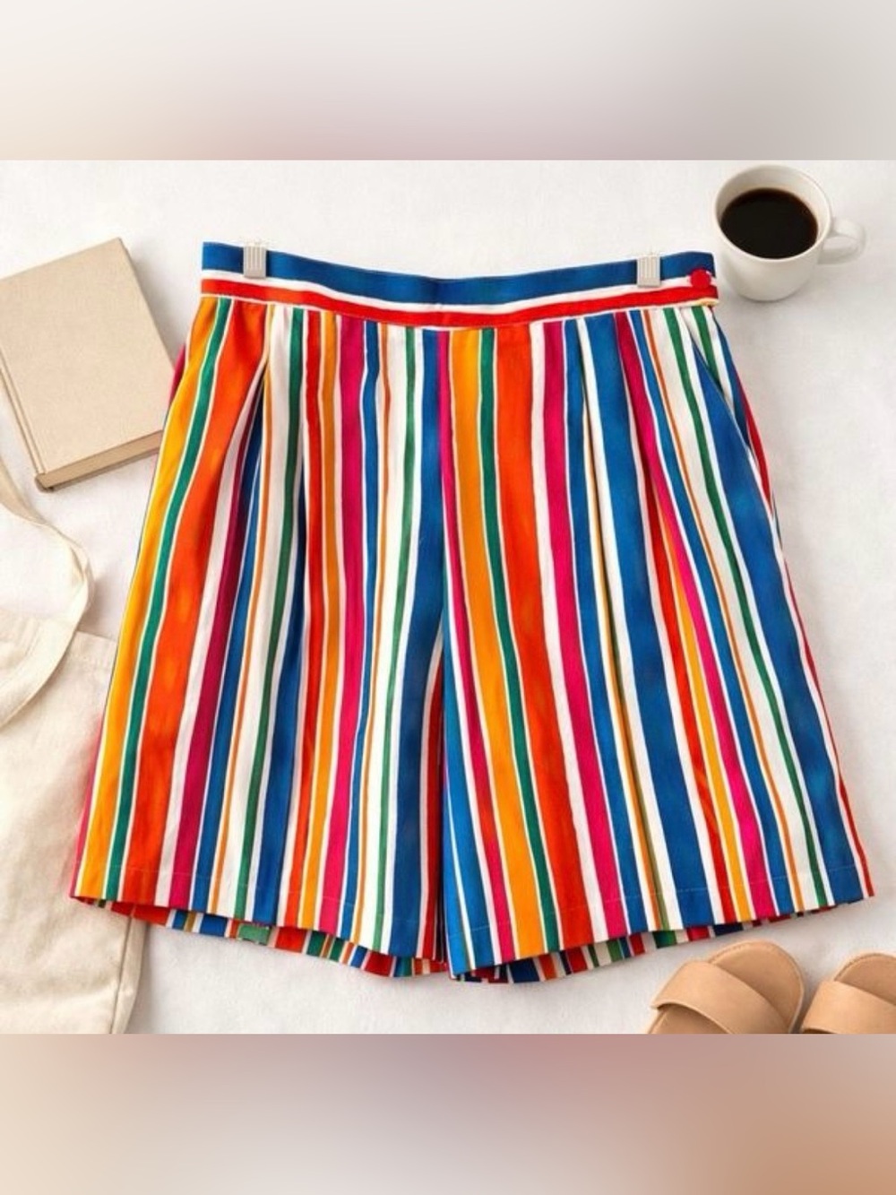 VTG 80s 90s Victoria Morgan Rainbow Kidcore Multicolor Stripe Shorts Women Large
